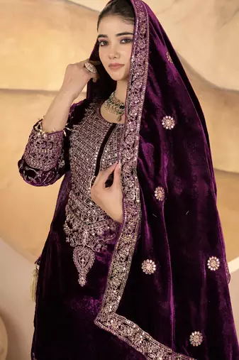 Wine festive wear designer pure heavy viscose velvet heavy embroidery coding sequence work readymade suit