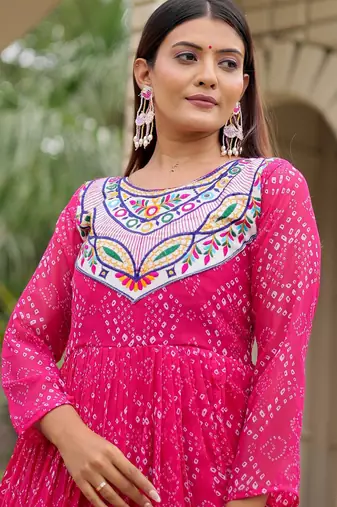Pink festive wear designer faux georgette embroidery thread work with real mirror work readymade suit
