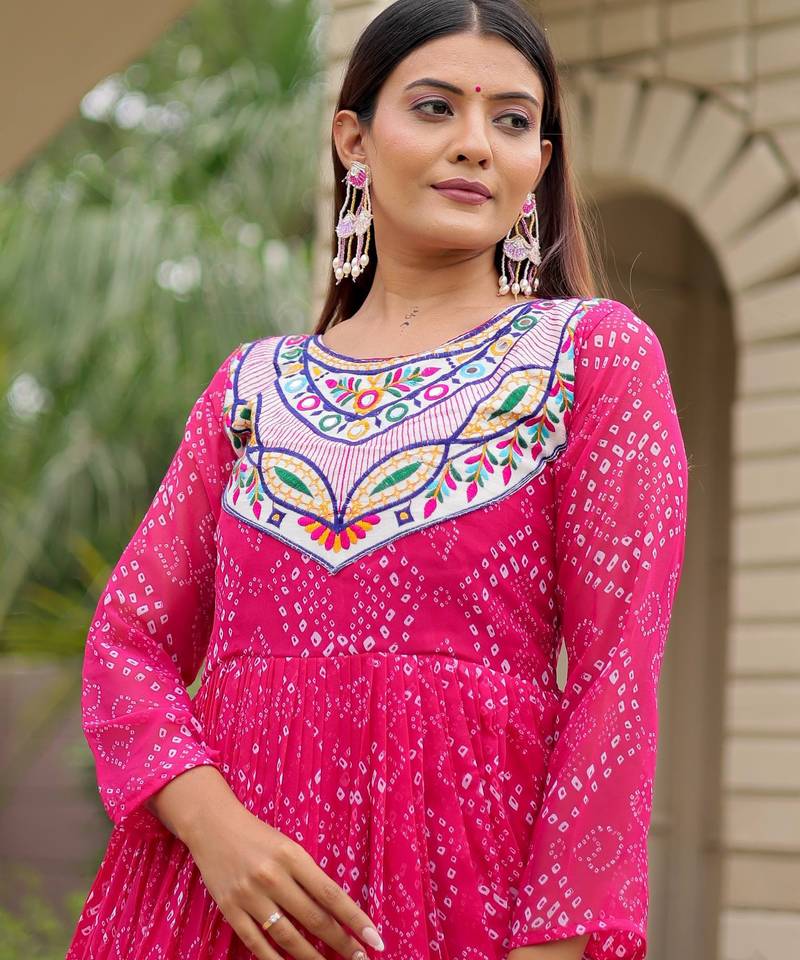Pink festive wear designer faux georgette embroidery thread work with real mirror work readymade suit