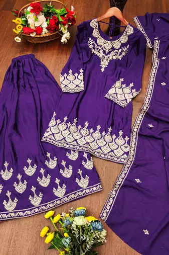 Purple festive wear designer chinon coding sequence embroidery work & rivet moti work  readymade suit