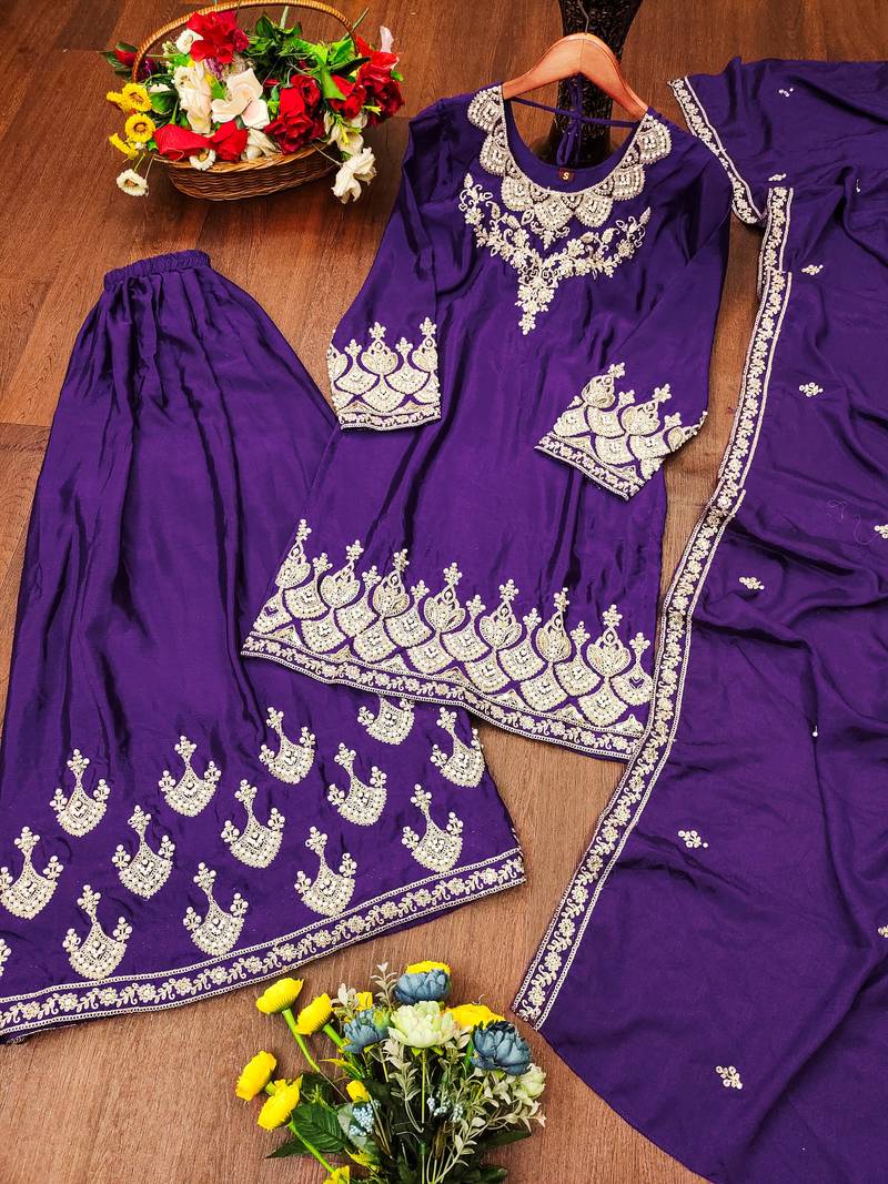 Purple festive wear designer chinon coding sequence embroidery work & rivet moti work  readymade suit