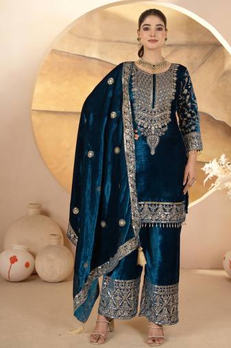 Teal festive wear designer pure heavy viscose velvet heavy embroidery coding sequence work readymade suit