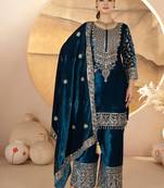 Teal festive wear designer pure heavy viscose velvet heavy embroidery coding sequence work readymade suit