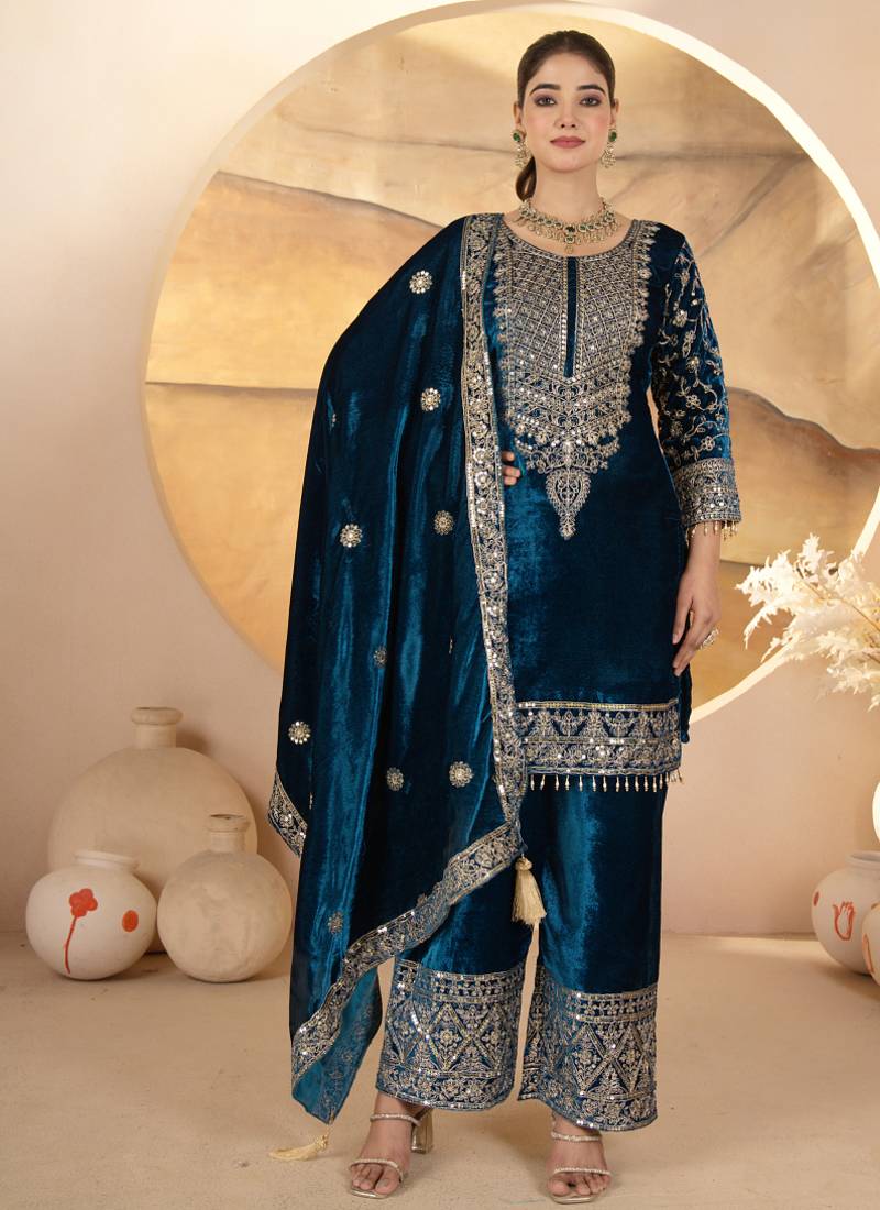 Teal festive wear designer pure heavy viscose velvet heavy embroidery coding sequence work readymade suit