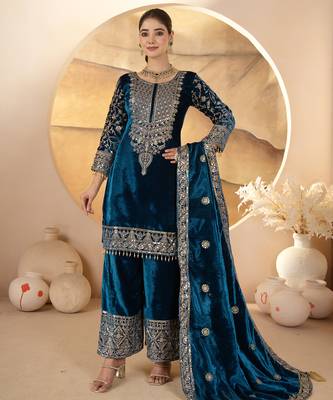 Teal festive wear designer pure heavy viscose velvet heavy embroidery coding sequence work readymade suit 2
