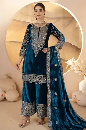 Teal festive wear designer pure heavy viscose velvet heavy embroidery coding sequence work readymade suit