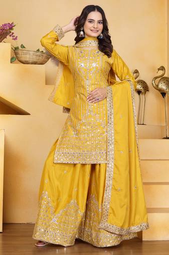 Yellow festive wear designer natural crepe sequence embroidery work readymade suit
