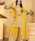 Yellow festive wear designer natural crepe sequence embroidery work readymade suit