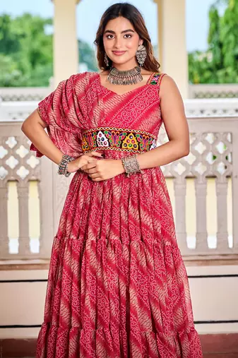Pink festive wear designer bandhni print in faux georgette gamathi work with real mirror work readymade suit