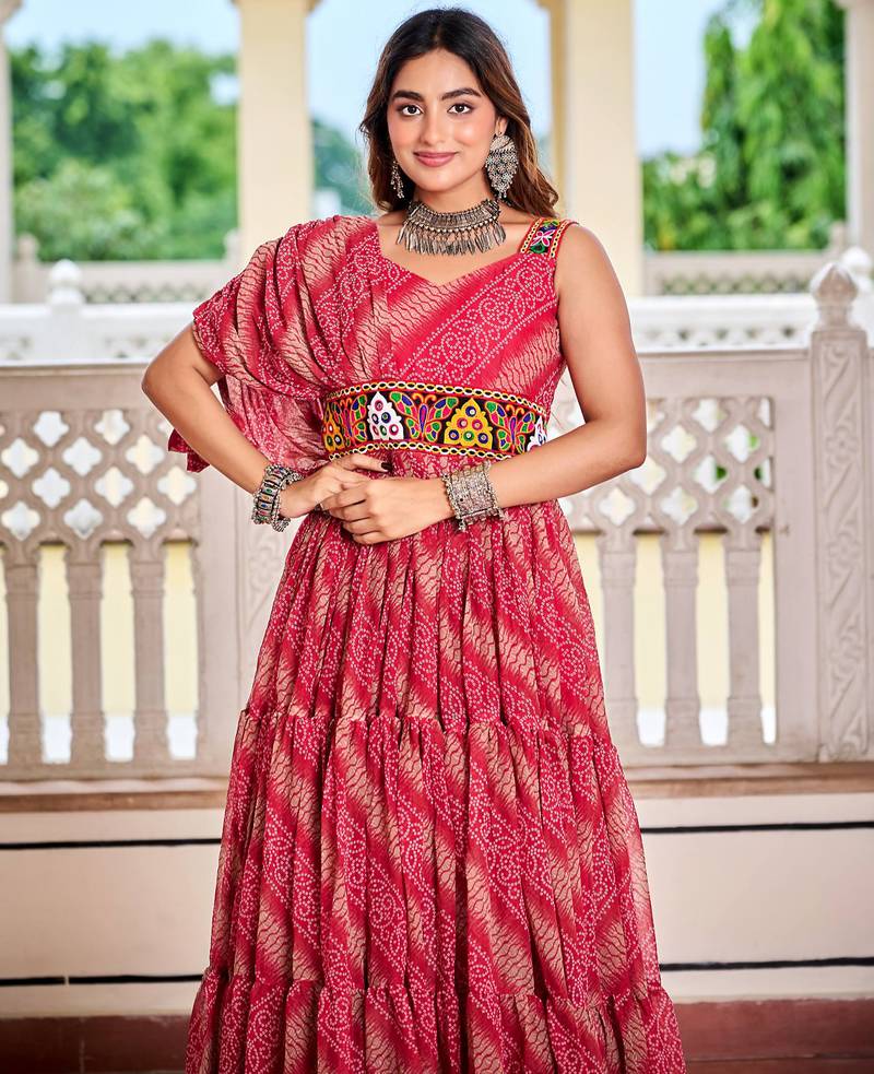 Pink festive wear designer bandhni print in faux georgette gamathi work with real mirror work readymade suit