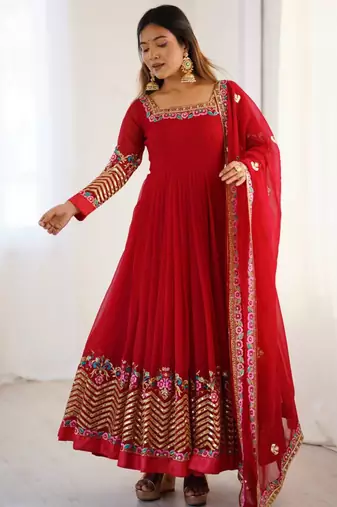 Red festive wear designer heavy georgette heavy multi thread 5mm embroidery sequence work readymade suit