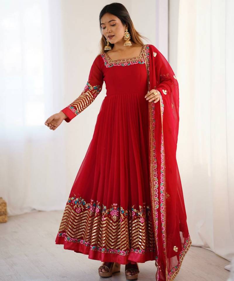 Red festive wear designer heavy georgette heavy multi thread 5mm embroidery sequence work readymade suit