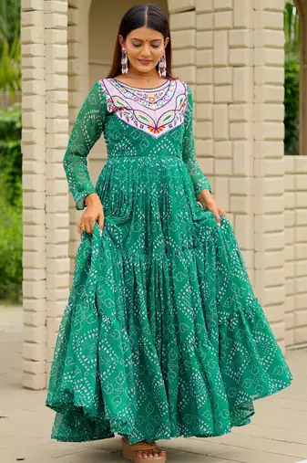 Green festive wear designer faux georgette embroidery thread work with real mirror work readymade suit