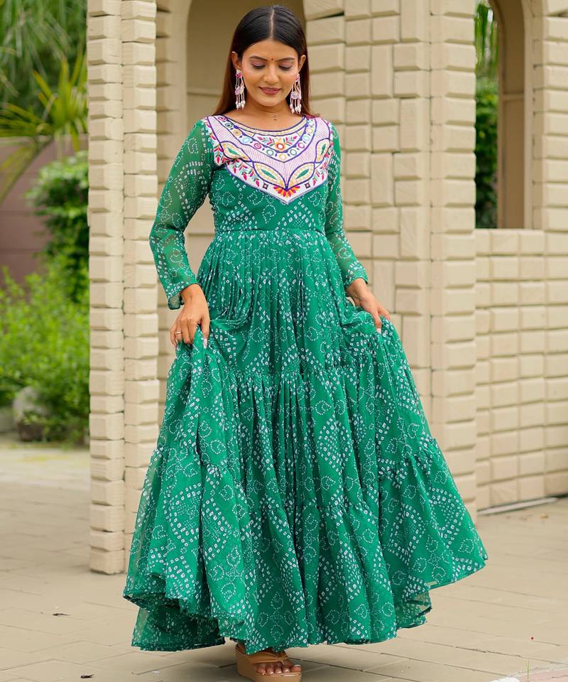 Green festive wear designer faux georgette embroidery thread work with real mirror work readymade suit