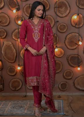 Pink festive wear designer chinon multi sequence embroidery work readymade suit 1