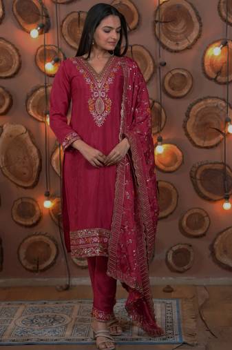 Pink festive wear designer chinon multi sequence embroidery work readymade suit