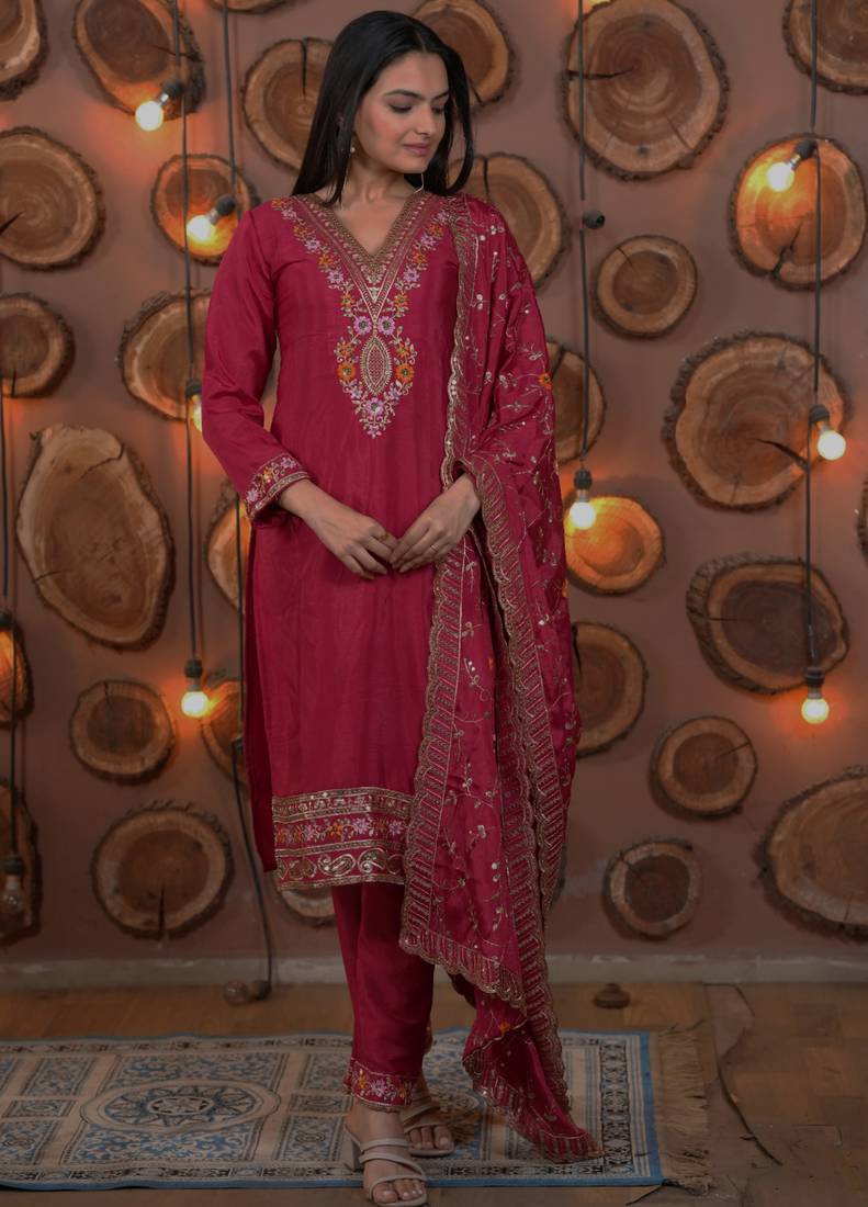 Pink festive wear designer chinon multi sequence embroidery work readymade suit