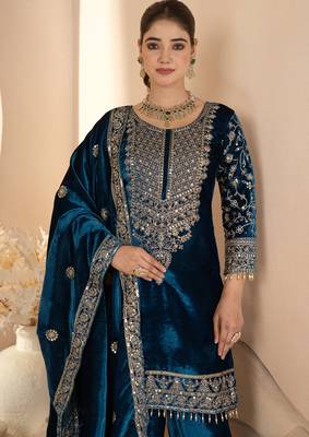 Teal festive wear designer pure heavy viscose velvet heavy embroidery coding sequence work readymade suit 3