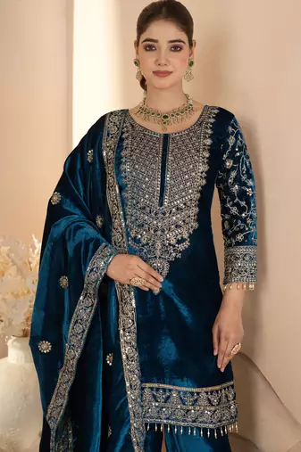 Teal festive wear designer pure heavy viscose velvet heavy embroidery coding sequence work readymade suit