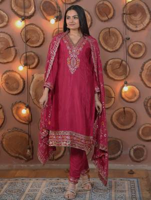 Pink festive wear designer chinon multi sequence embroidery work readymade suit 2