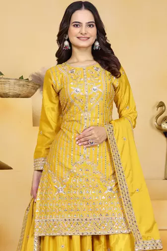 Yellow festive wear designer natural crepe sequence embroidery work readymade suit