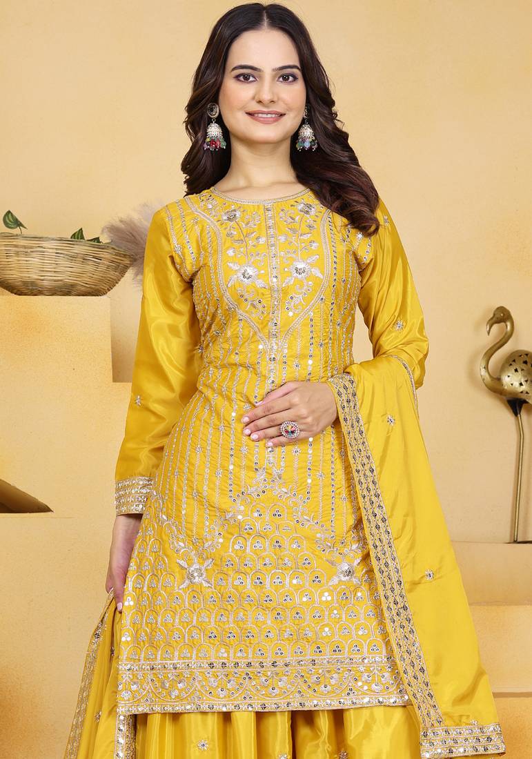 Yellow festive wear designer natural crepe sequence embroidery work readymade suit
