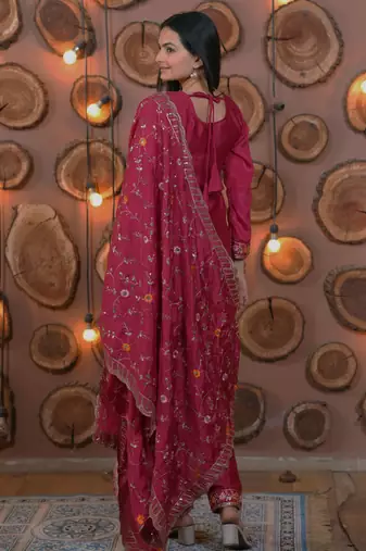 Pink festive wear designer chinon multi sequence embroidery work readymade suit