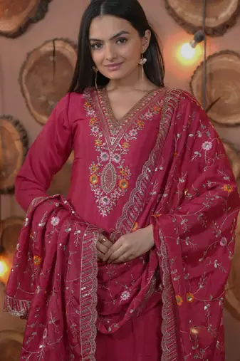 Pink festive wear designer chinon multi sequence embroidery work readymade suit