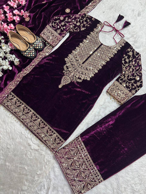 Wine festive wear designer pure heavy viscose velvet heavy embroidery coding sequence work readymade suit 4