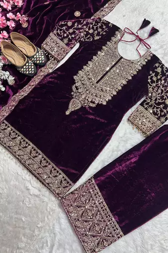 Wine festive wear designer pure heavy viscose velvet heavy embroidery coding sequence work readymade suit