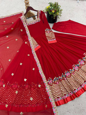 Red festive wear designer heavy georgette heavy multi thread 5mm embroidery sequence work readymade suit 4