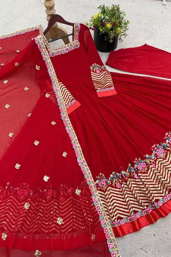 Red festive wear designer heavy georgette heavy multi thread 5mm embroidery sequence work readymade suit