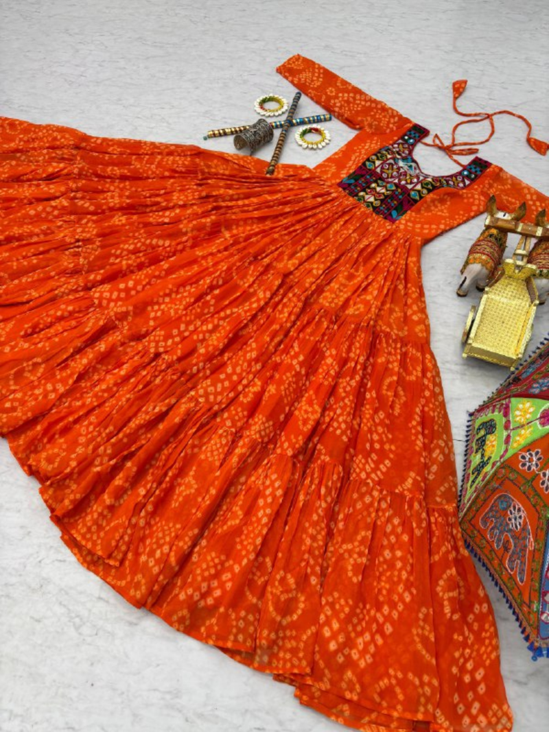 Orange festive wear designer faux georgette embroidery thread work with real mirror work readymade suit