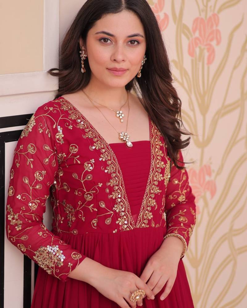 Pink festive wear designer faux blooming georgette sequins & zari embroidered work readymade suit