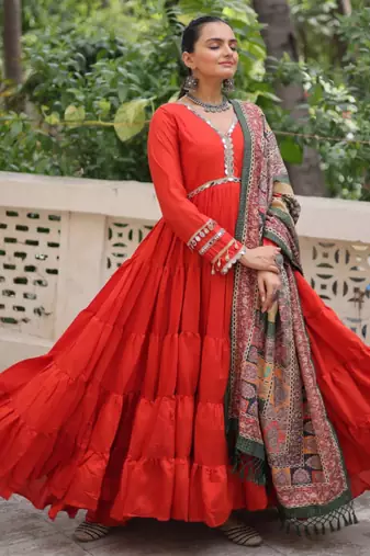 Orange festive wear designer roman mirror lace & dori jal lace work readymade suit
