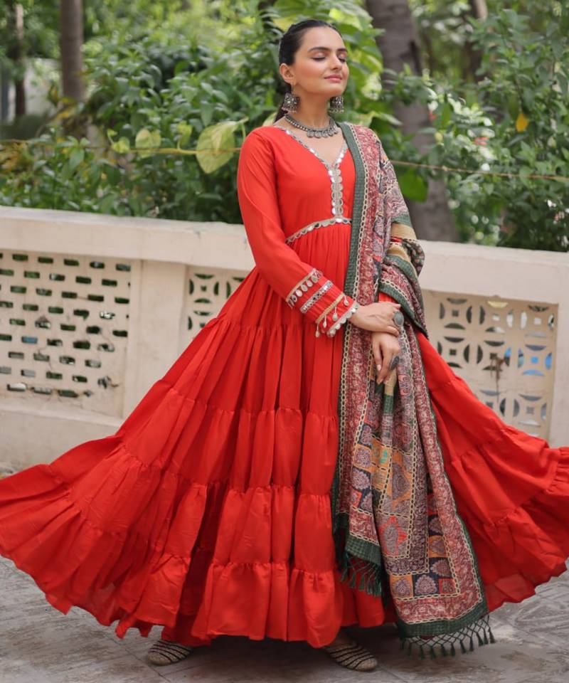 Orange festive wear designer roman mirror lace & dori jal lace work readymade suit