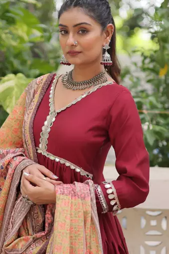 Maroon festive wear designer roman mirror lace & dori jal lace work readymade suit