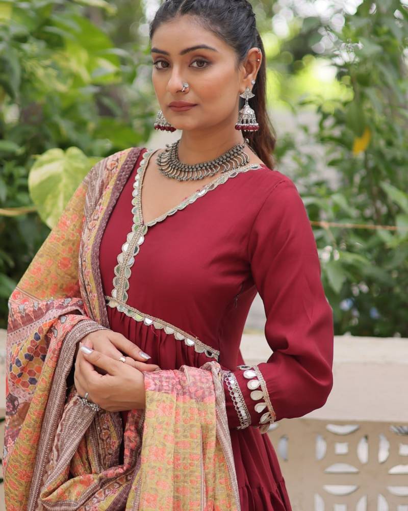 Maroon festive wear designer roman mirror lace & dori jal lace work readymade suit