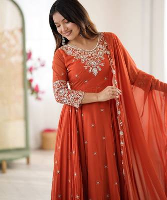 Orange festive wear designer heavy blooming faux georgette heavy embroidery sequence moti work readymade suit 3