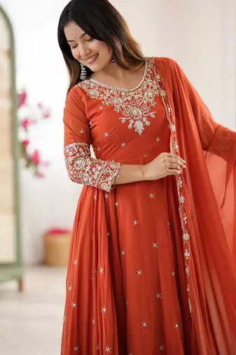 Orange festive wear designer heavy blooming faux georgette heavy embroidery sequence moti work readymade suit