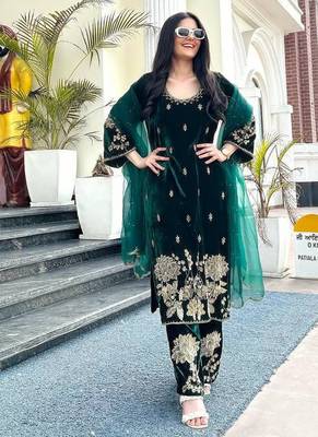 Green festive wear designer pure heavy viscose velvet heavy embroidery coding sequence work readymade suit 1