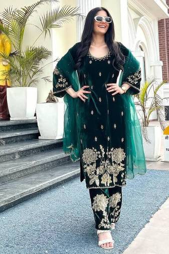 Green festive wear designer pure heavy viscose velvet heavy embroidery coding sequence work readymade suit