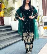 Green festive wear designer pure heavy viscose velvet heavy embroidery coding sequence work readymade suit