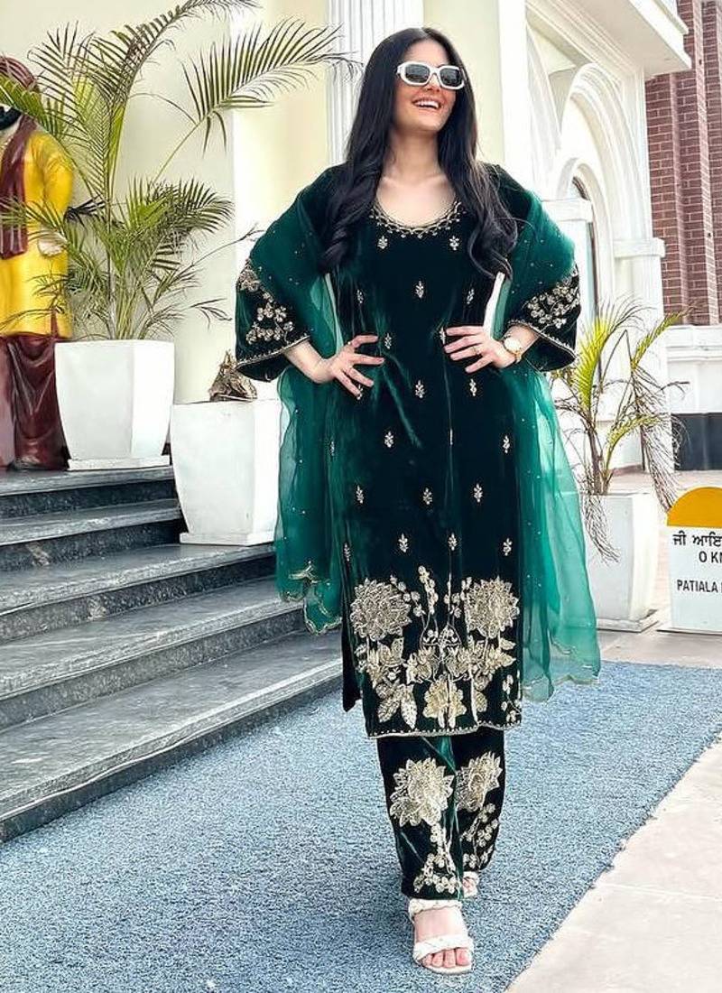 Green festive wear designer pure heavy viscose velvet heavy embroidery coding sequence work readymade suit