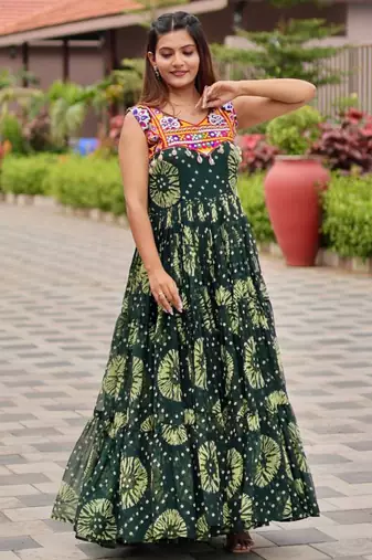 Green festive wear designer faux georgette gamathi work with real mirror with original codi lece readymade suit