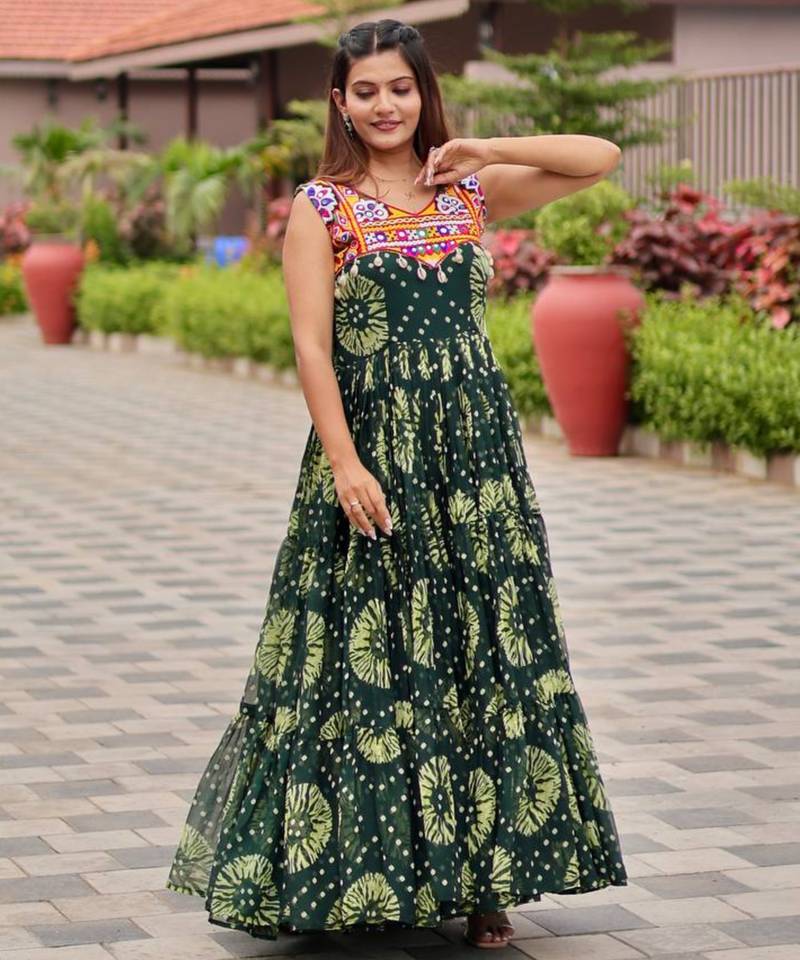 Green festive wear designer faux georgette gamathi work with real mirror with original codi lece readymade suit