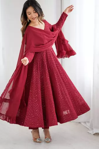 Maroon festive wear designer pure soft faux georgette lukhnowi sequence work readymade suit