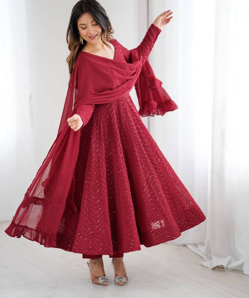 Maroon festive wear designer pure soft faux georgette lukhnowi sequence work readymade suit