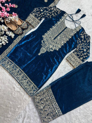 Teal festive wear designer pure heavy viscose velvet heavy embroidery coding sequence work readymade suit 4