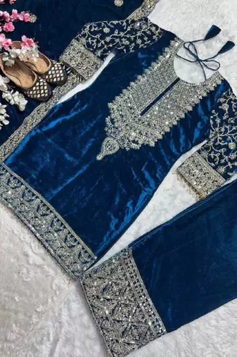 Teal festive wear designer pure heavy viscose velvet heavy embroidery coding sequence work readymade suit